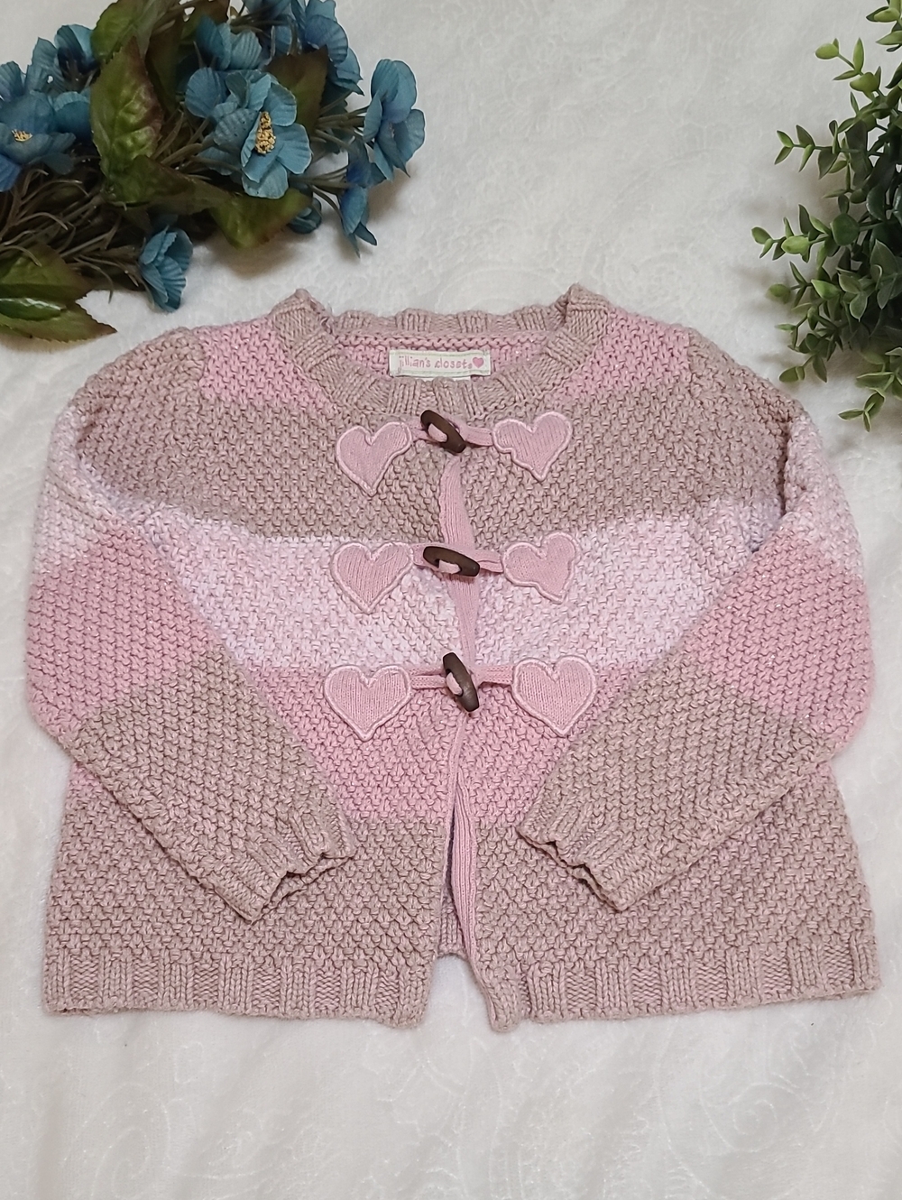 Jillian's Closet Pink Colorblock Knit Heart Toggle Cardigan Vintage Style